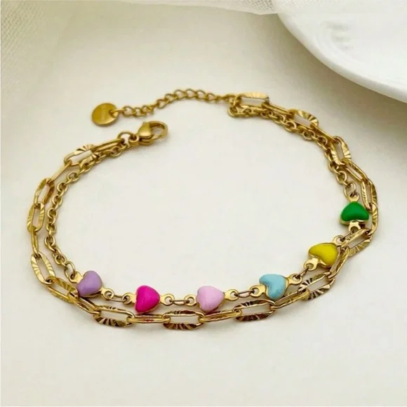 Gorgeous 2-in-1 Gold Plated Chain & Multi Candy Heart Charm Bracelet OS New - Picture 3 of 5